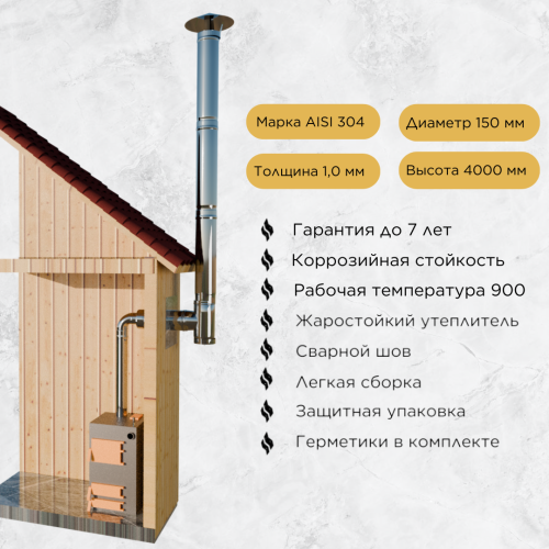 Дымоход для котла №22-150 d 150 мм AISI 304 1,0 мм